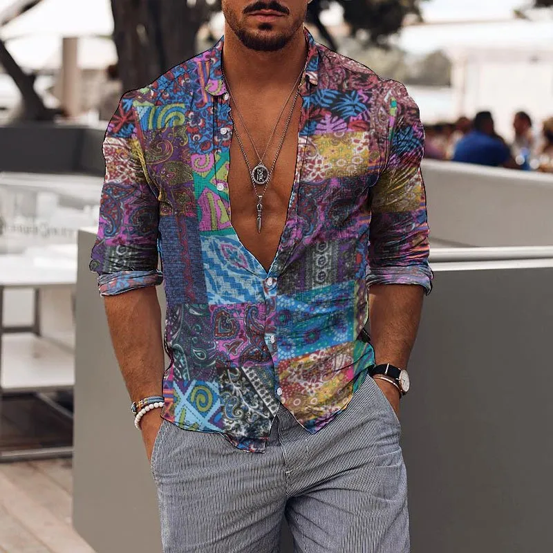 Retro Mens Holiday Ethnic Style Stitching Printed Shirt