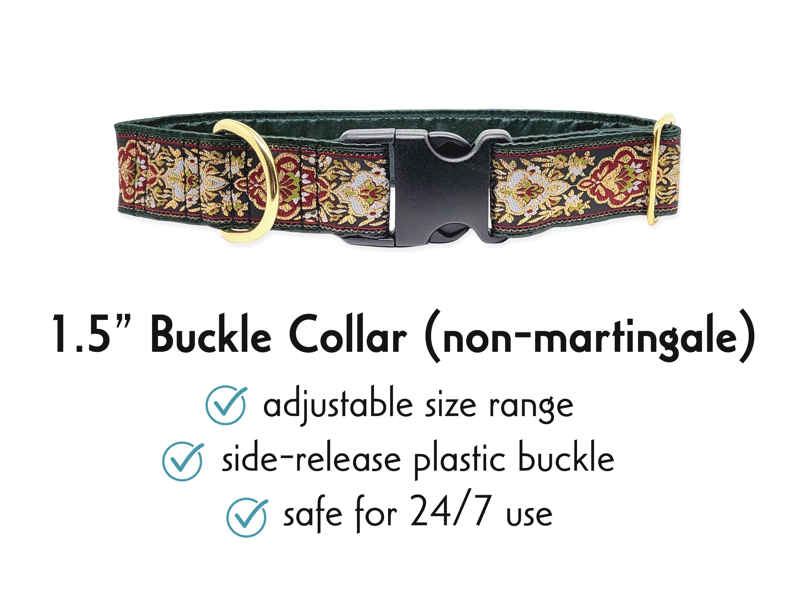 Salzburg in Green & Gold - Martingale Dog Collar or Buckle Dog Collar - 1.5" Width