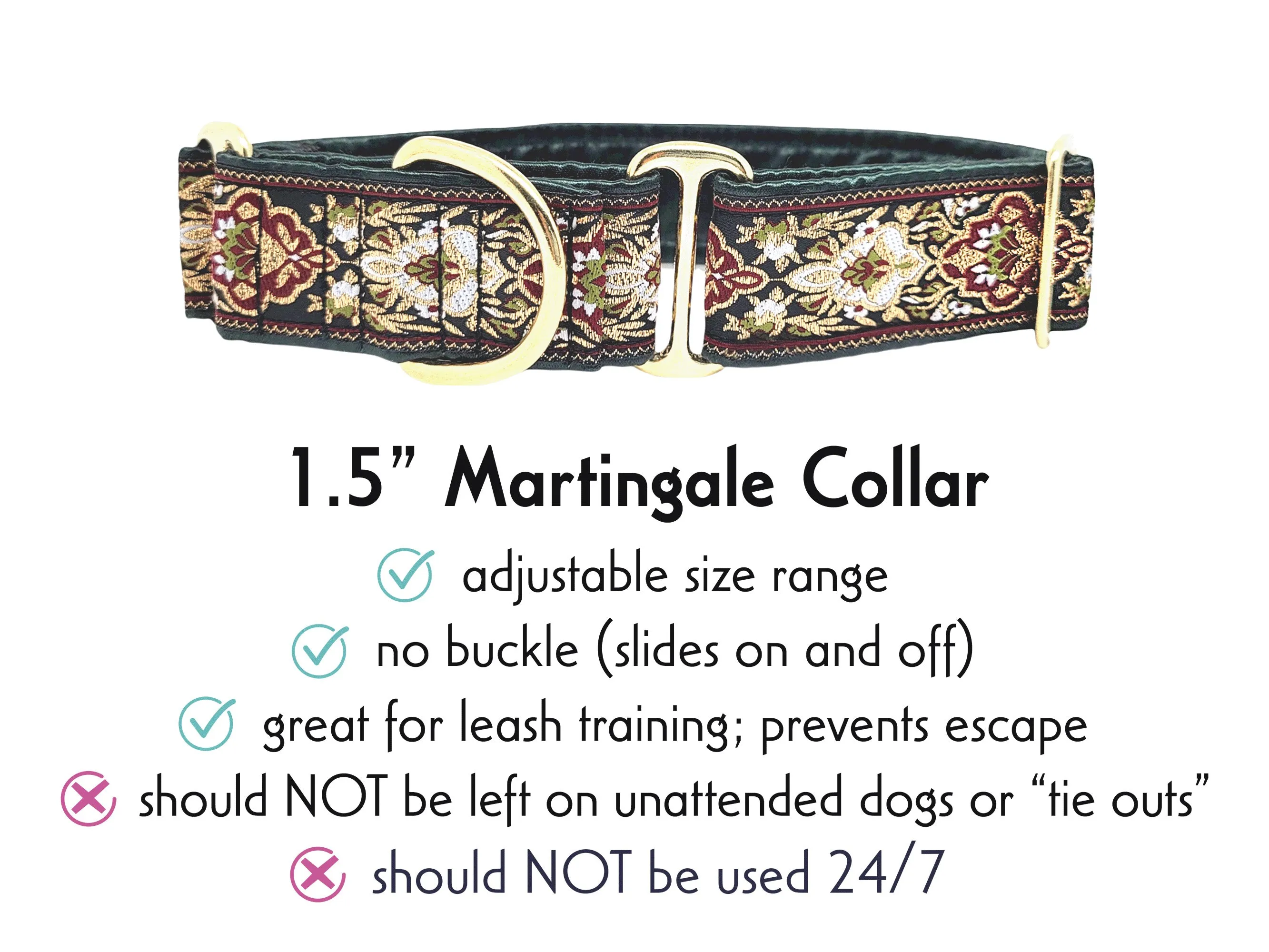 Salzburg in Green & Gold - Martingale Dog Collar or Buckle Dog Collar - 1.5" Width
