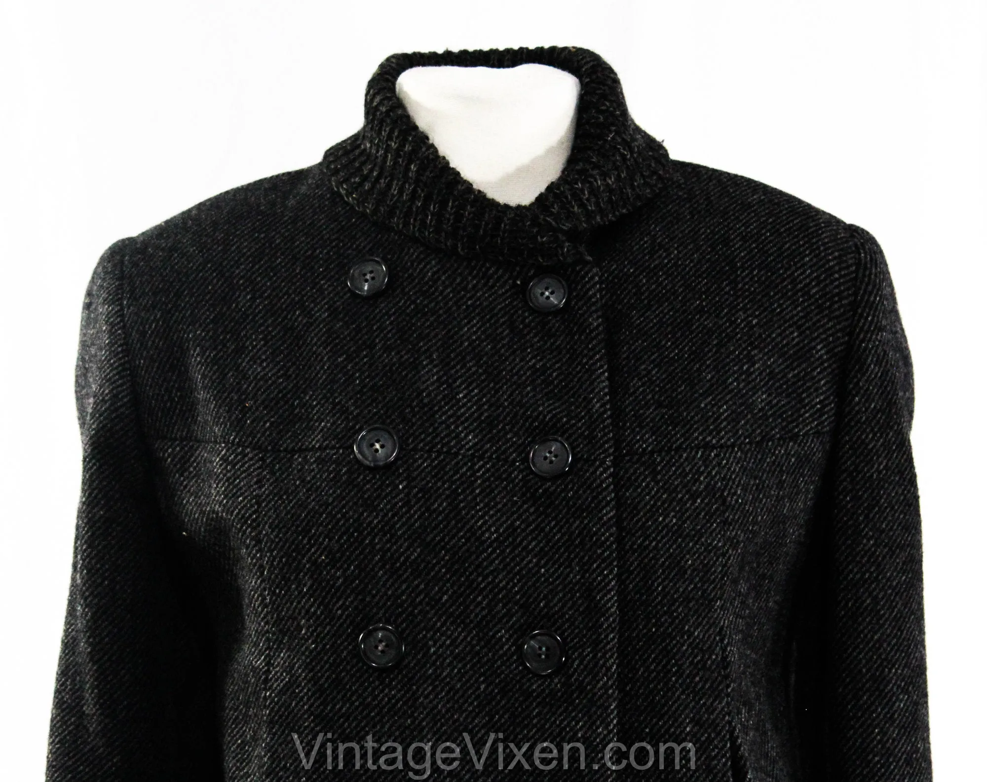 Size 6 Mod Wool Jacket - Beautiful 1960s Modernist Gray Tweed Beatnik Coat with Knit Collar & Cuffs - Pockets - Faux Fur Lining - Bust 36
