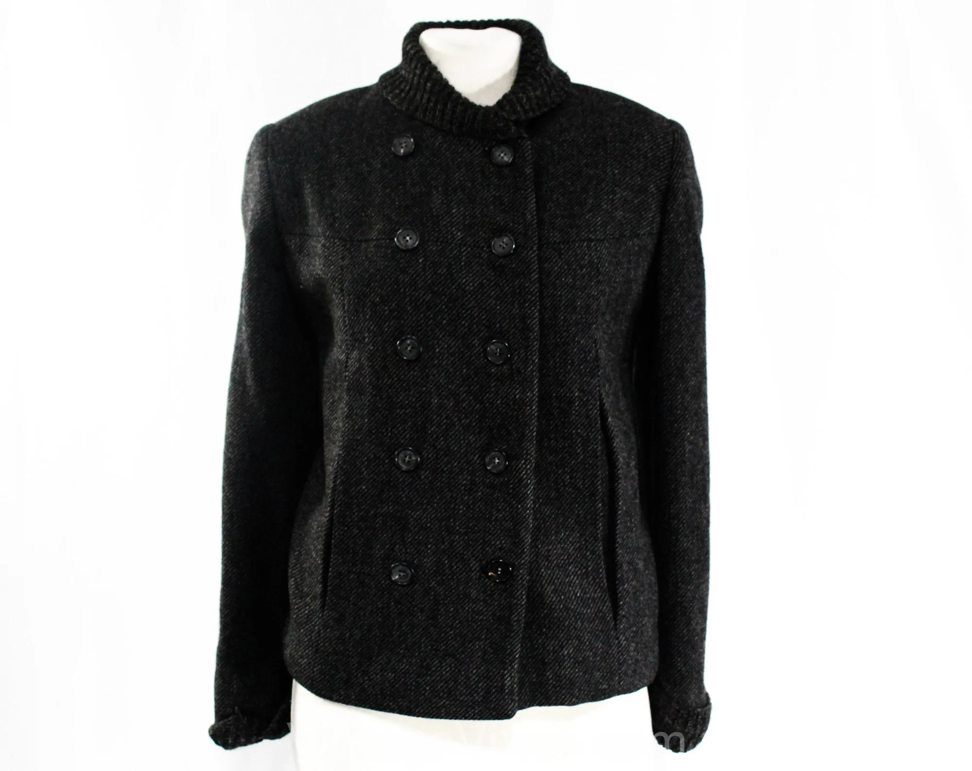 Size 6 Mod Wool Jacket - Beautiful 1960s Modernist Gray Tweed Beatnik Coat with Knit Collar & Cuffs - Pockets - Faux Fur Lining - Bust 36