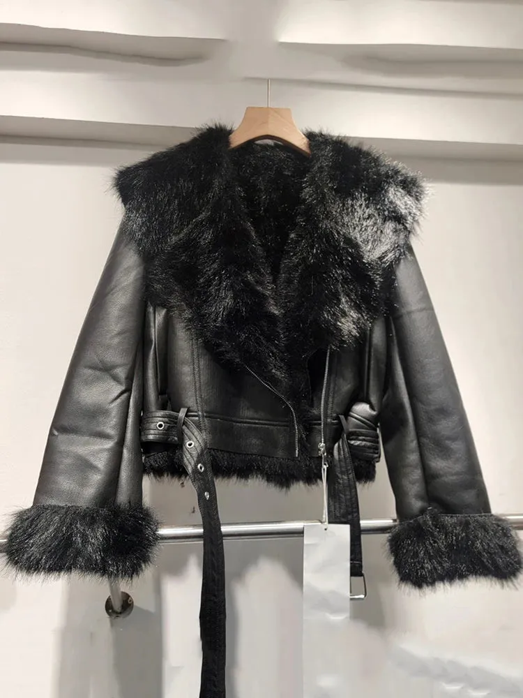 Spliced Leather Faux Fur Long Sleeve Jacket
