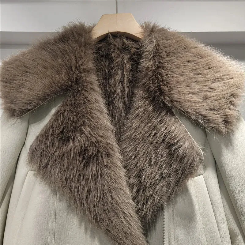 Spliced Leather Faux Fur Long Sleeve Jacket