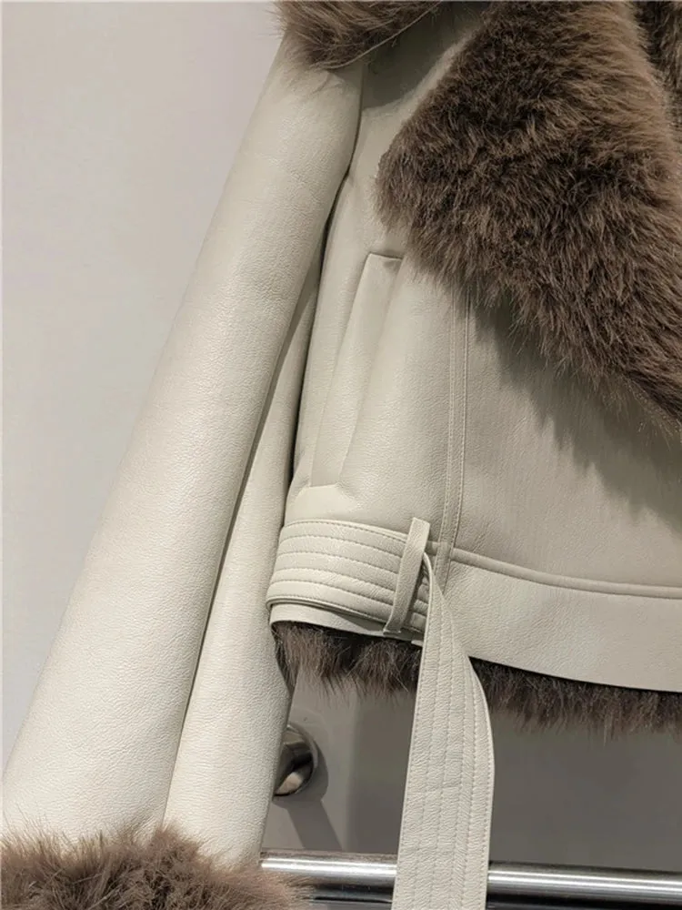 Spliced Leather Faux Fur Long Sleeve Jacket