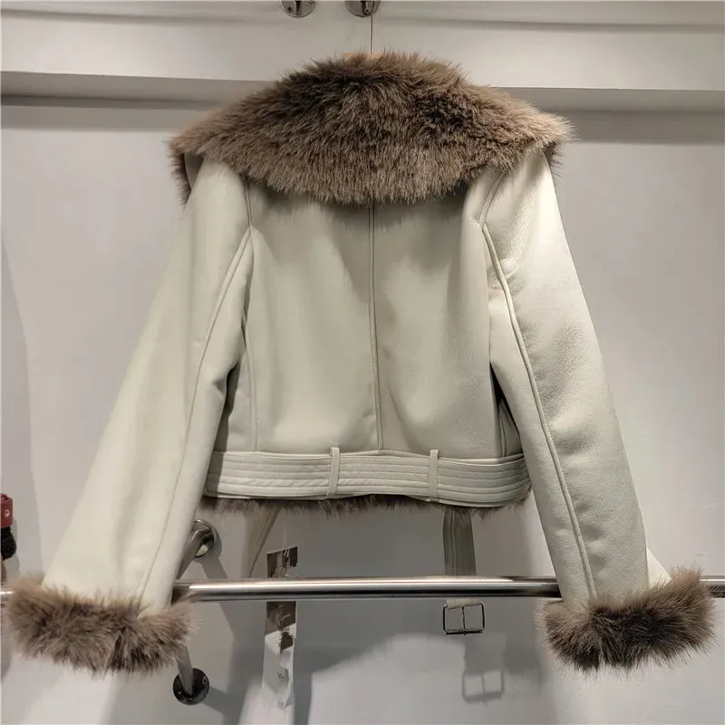 Spliced Leather Faux Fur Long Sleeve Jacket