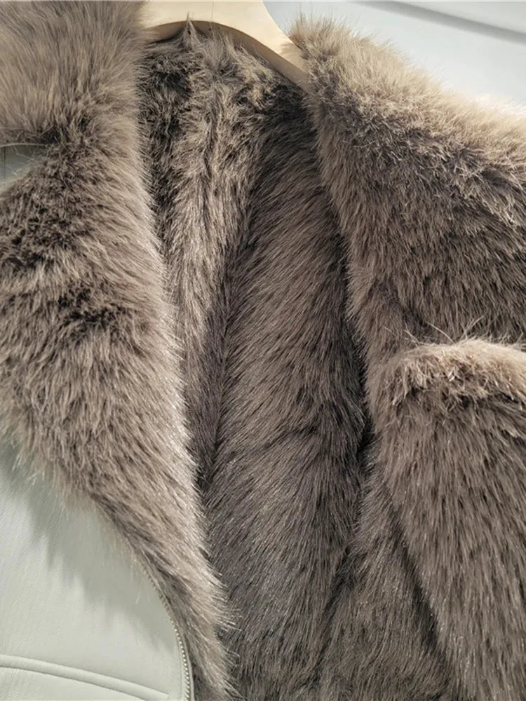 Spliced Leather Faux Fur Long Sleeve Jacket