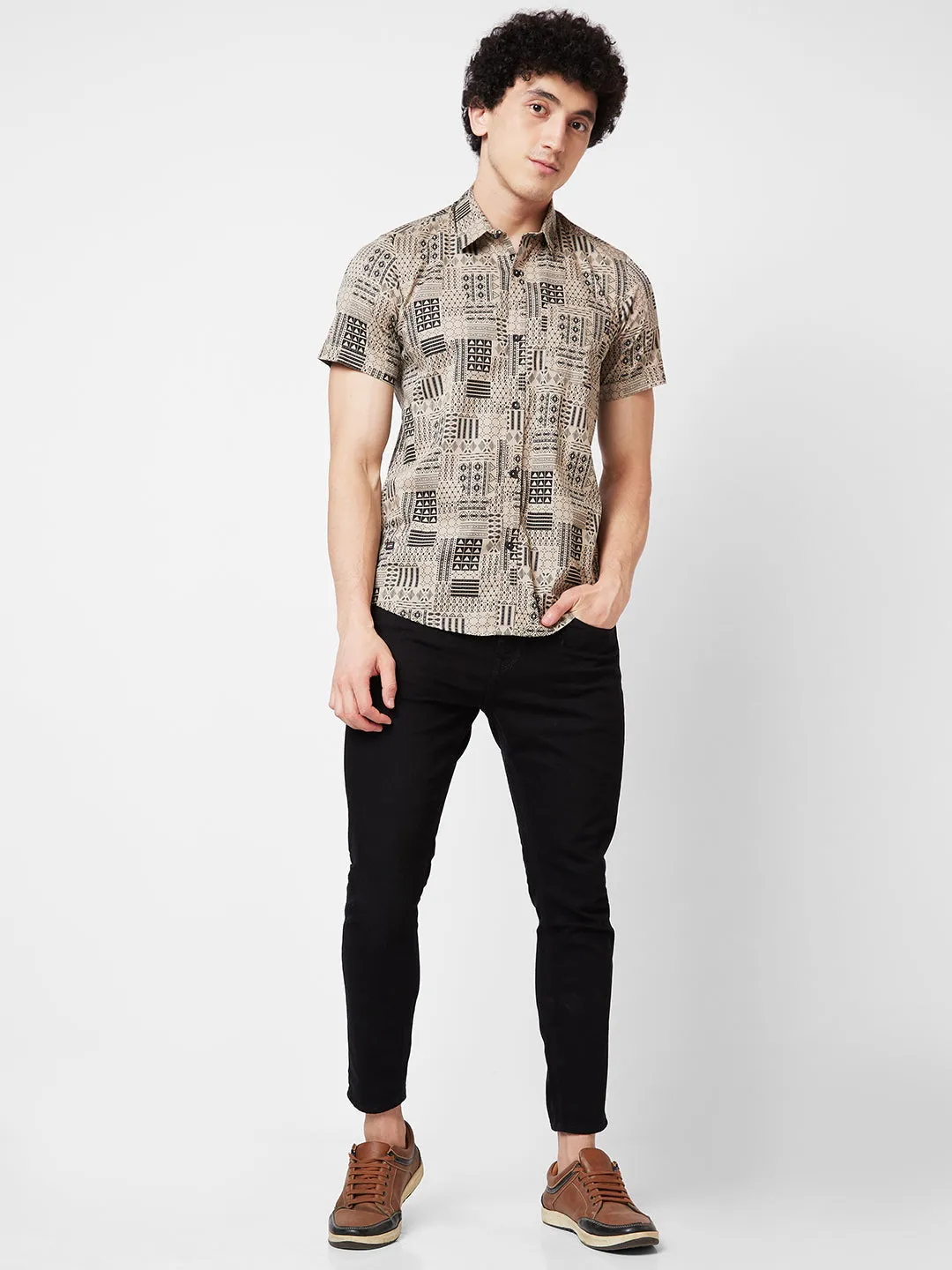 Spykar Khaki PRINTED HALF SLEEVE Shirt For Men