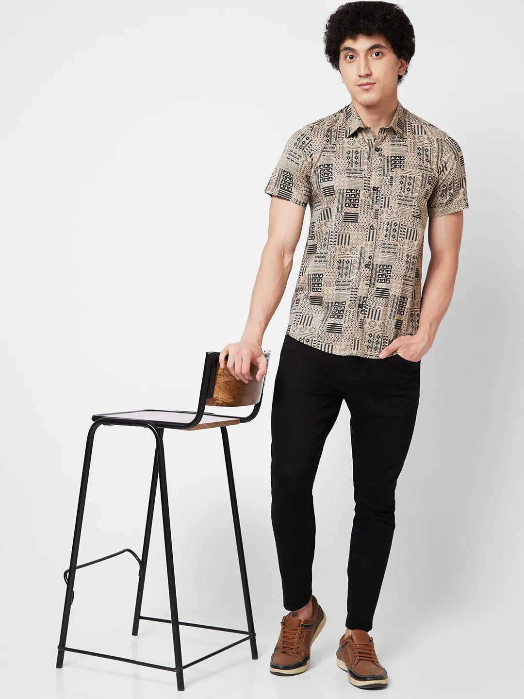 Spykar Khaki PRINTED HALF SLEEVE Shirt For Men