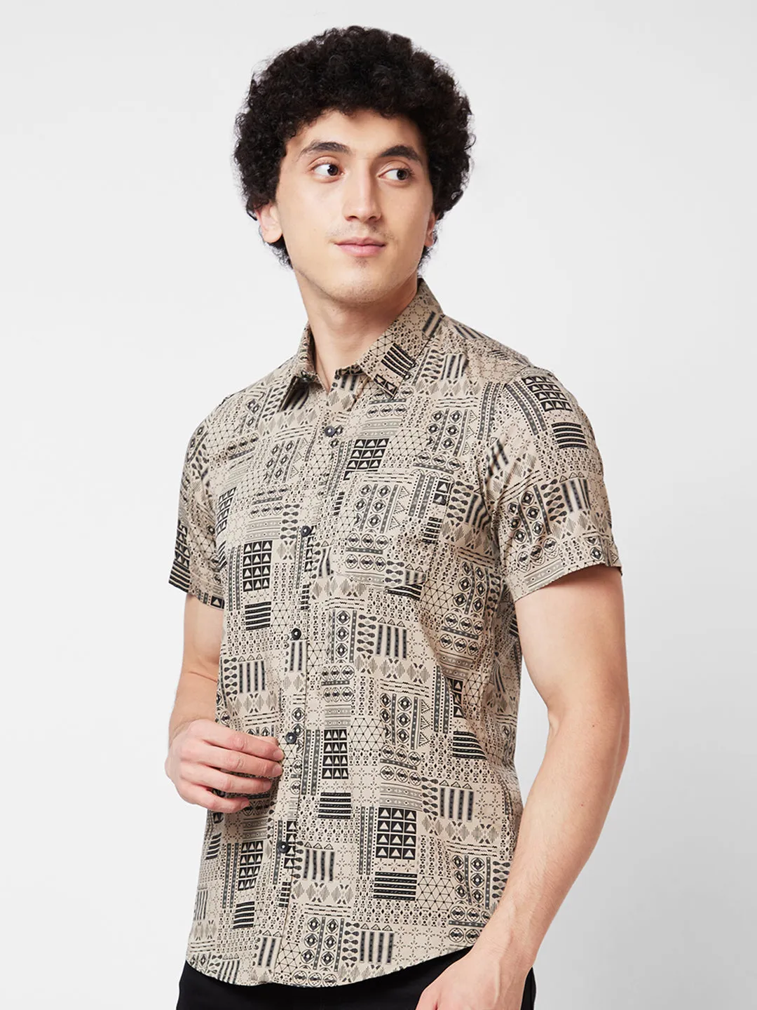 Spykar Khaki PRINTED HALF SLEEVE Shirt For Men