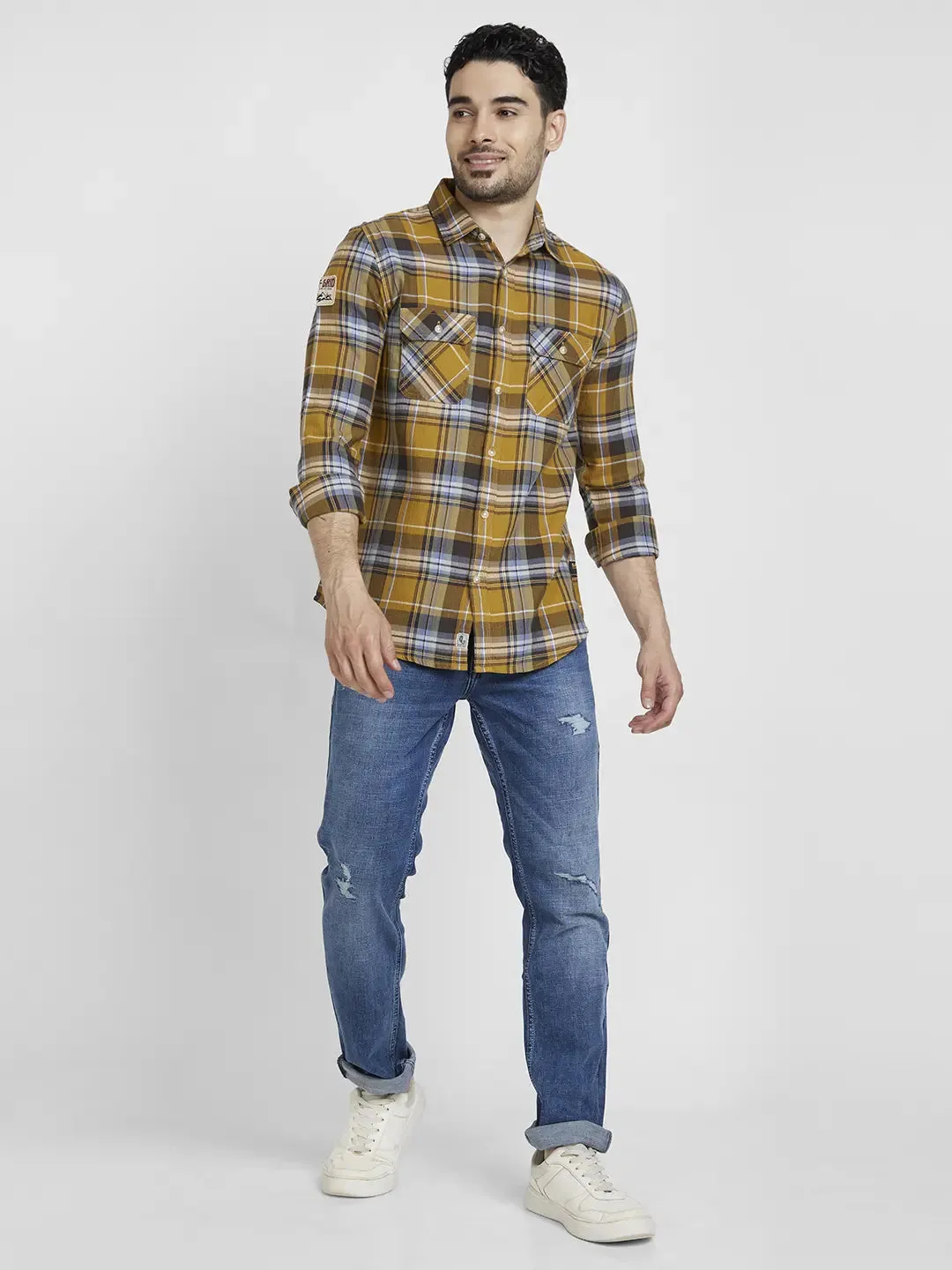 Spykar Men S and Khaki Cotton Regular Slim Fit Full Sleeve Checkered Shirt