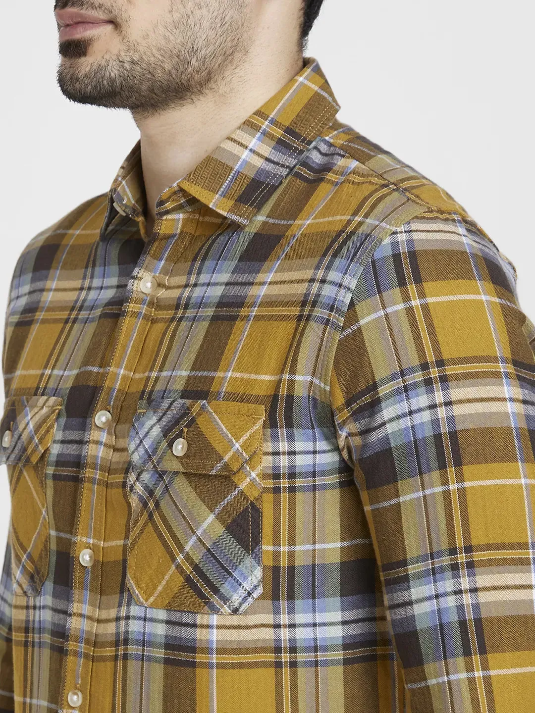 Spykar Men S and Khaki Cotton Regular Slim Fit Full Sleeve Checkered Shirt