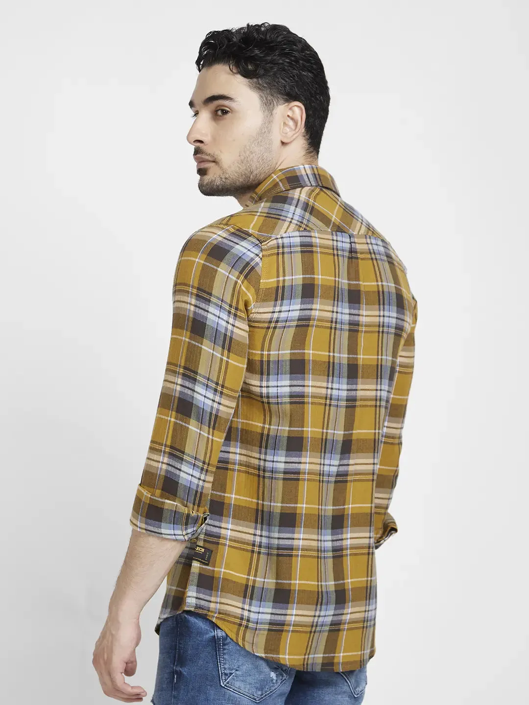 Spykar Men S and Khaki Cotton Regular Slim Fit Full Sleeve Checkered Shirt