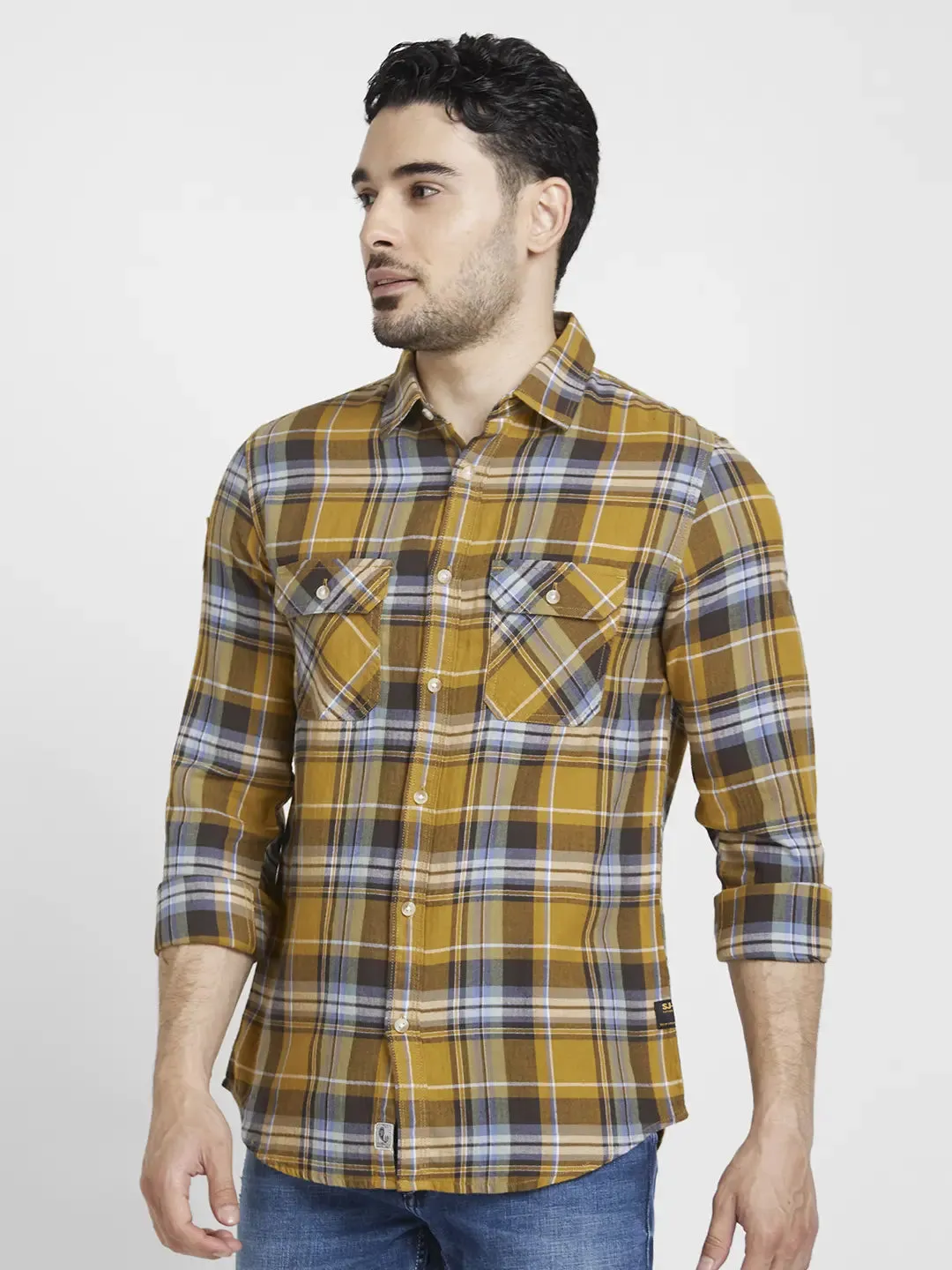 Spykar Men S and Khaki Cotton Regular Slim Fit Full Sleeve Checkered Shirt