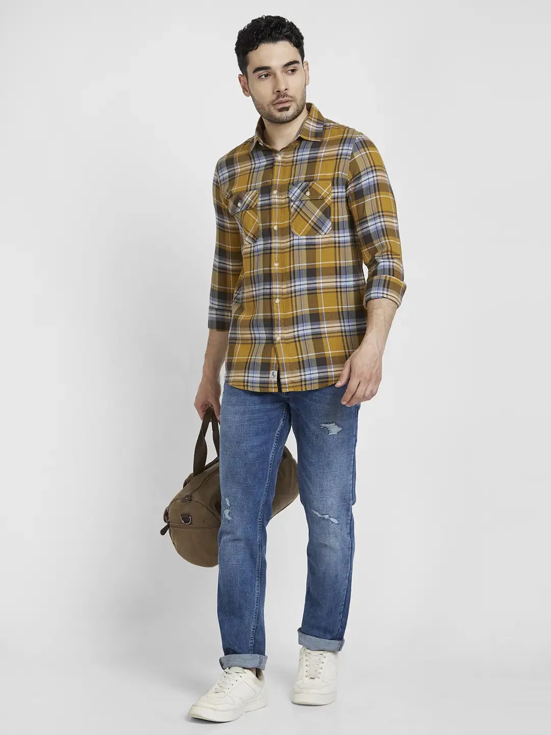 Spykar Men S and Khaki Cotton Regular Slim Fit Full Sleeve Checkered Shirt