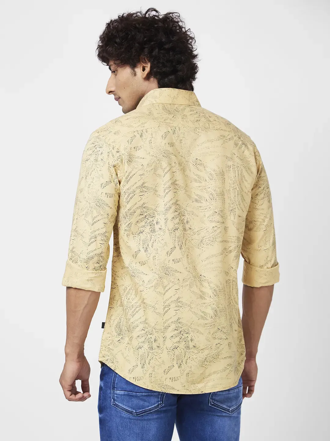 Spykar Men S and Khaki Slub Regular Slim Fit Full Sleeve Casual Floral Print Shirt