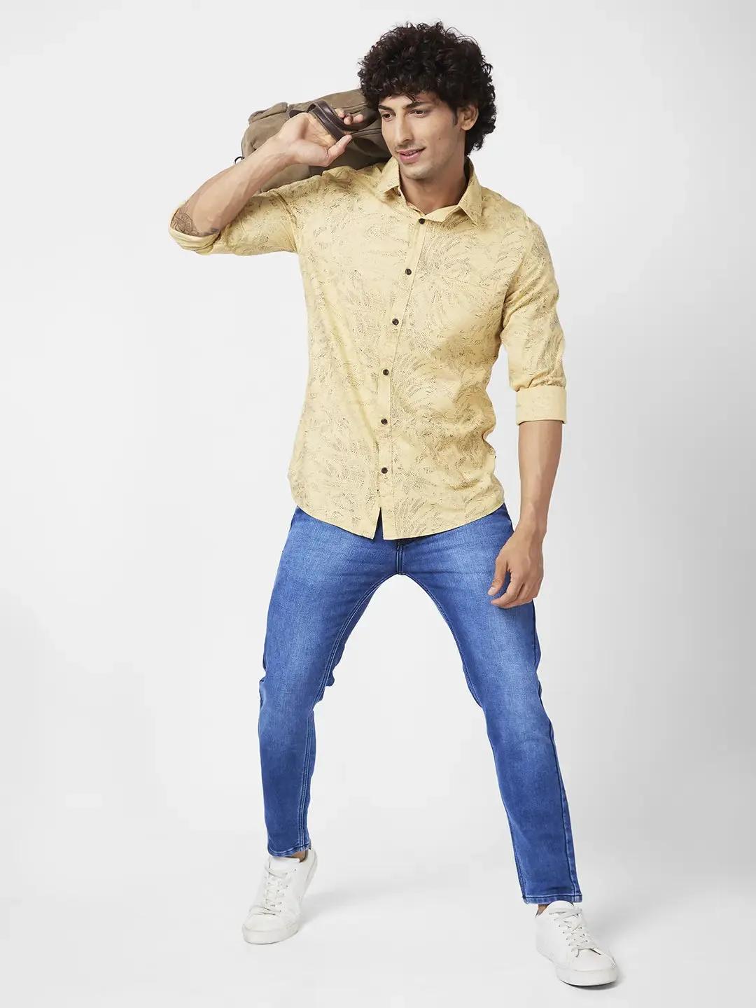 Spykar Men S and Khaki Slub Regular Slim Fit Full Sleeve Casual Floral Print Shirt