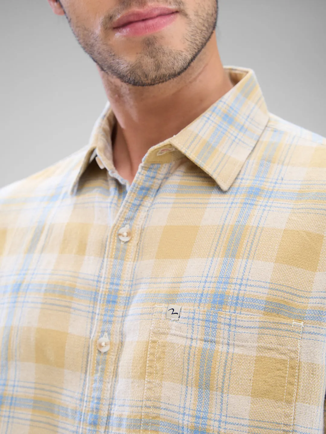 Spykar Sand Khaki Cotton Flex Half Sleeve Raised Collar Shirt For Men