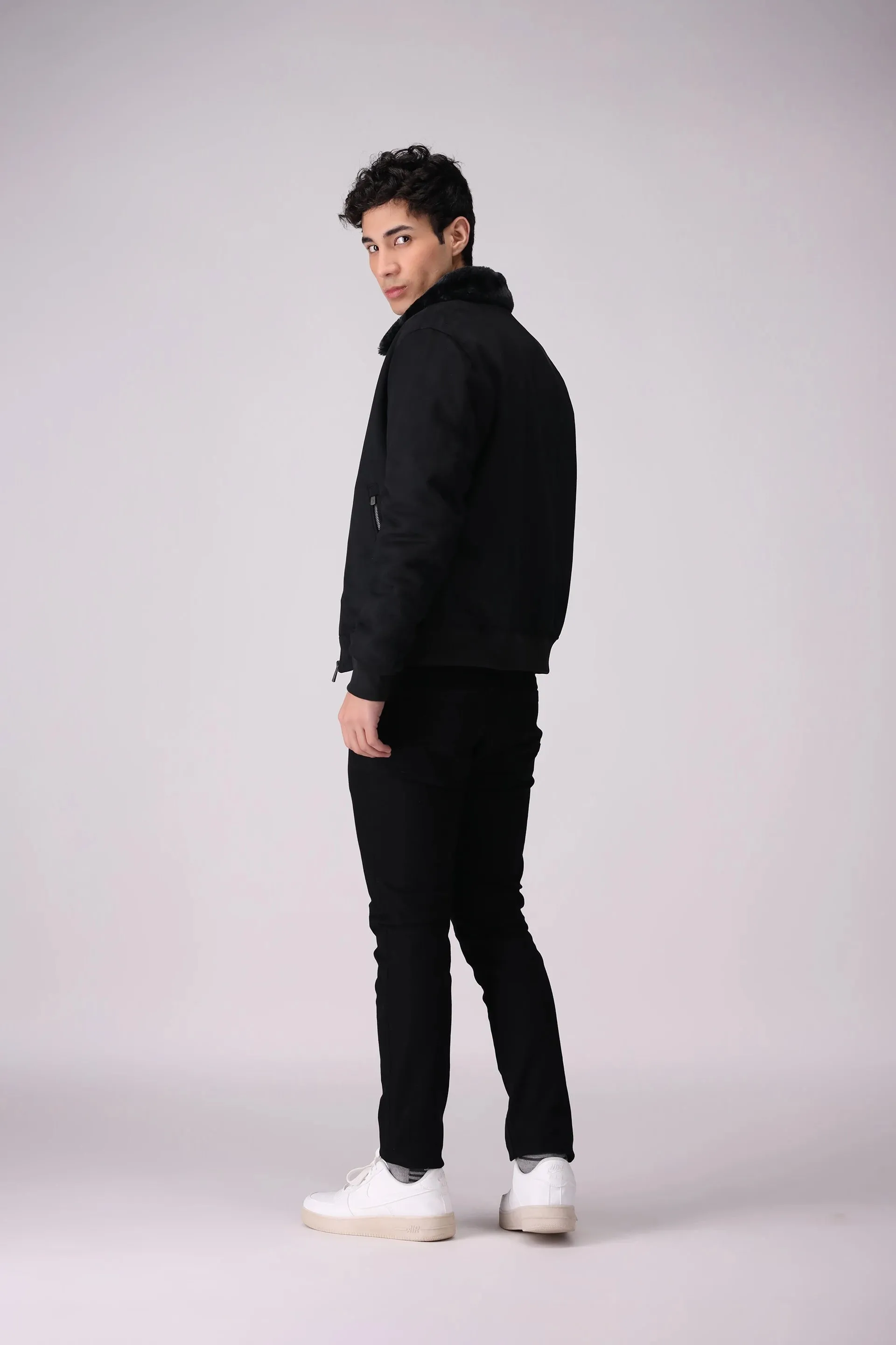 Suede Jacket With Faux-Fur Collar