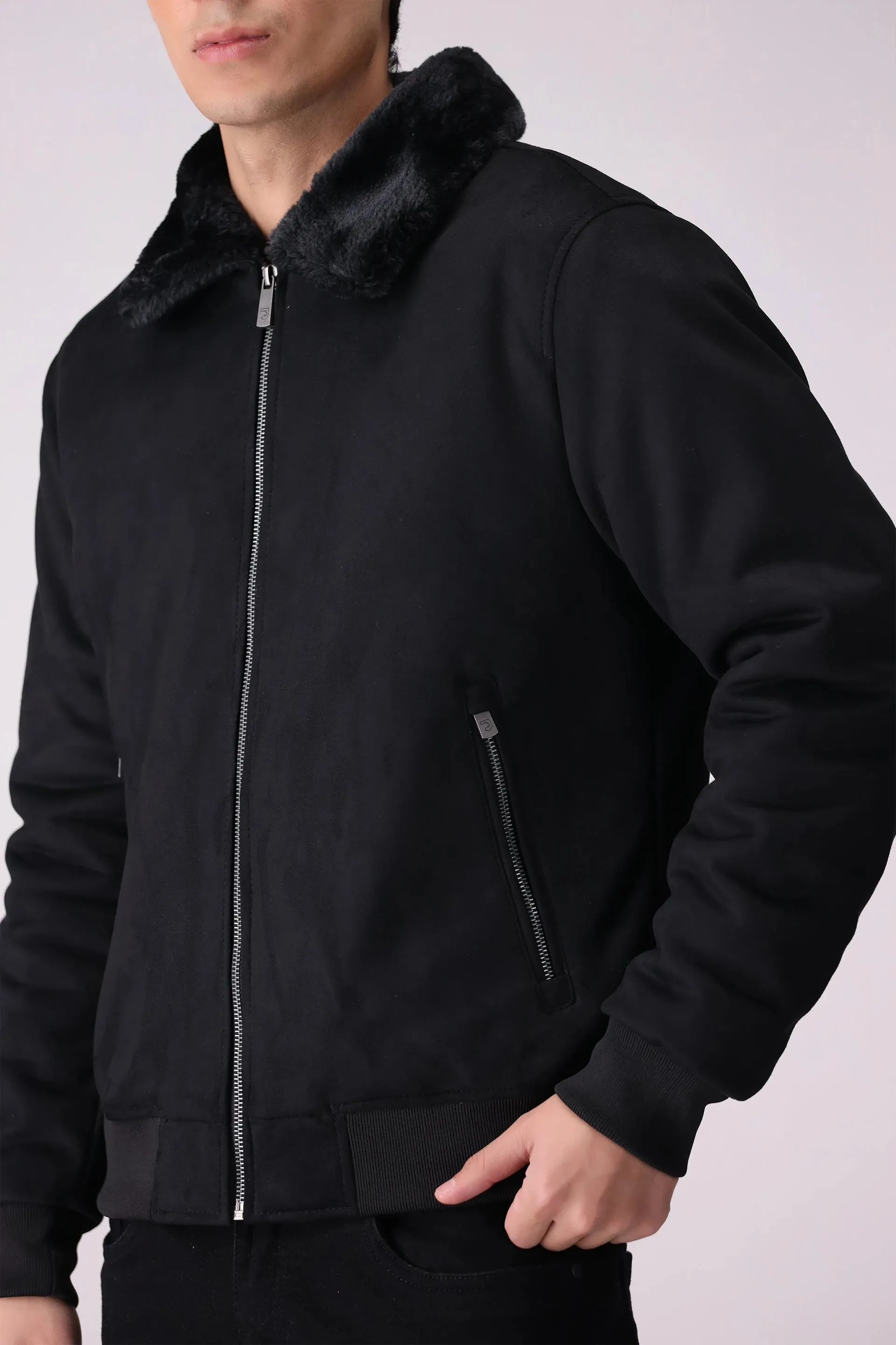 Suede Jacket With Faux-Fur Collar