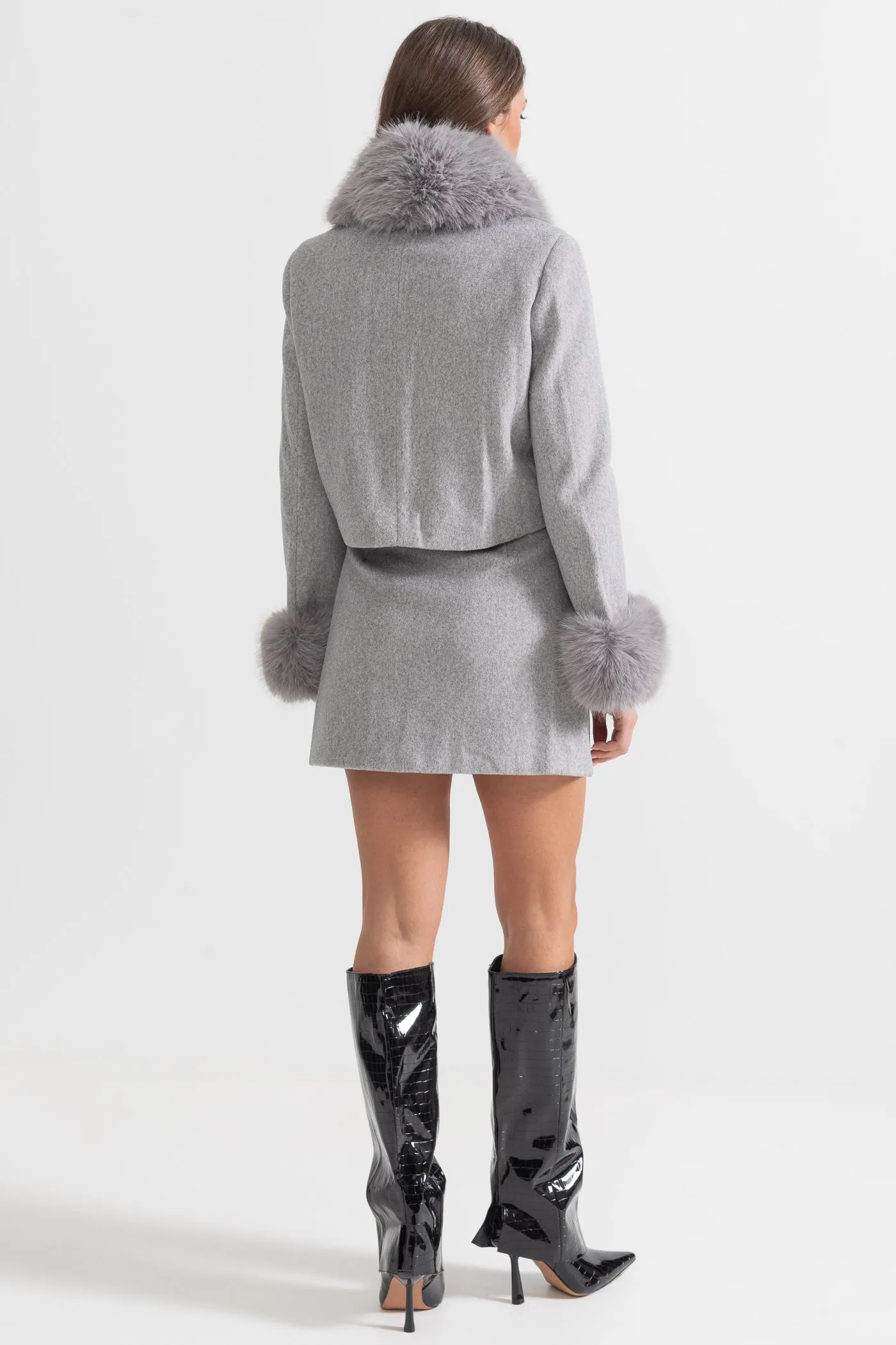 Two-Piece Ensemble With Fur-Trimmed Jacket And Matching Skirt - Gray