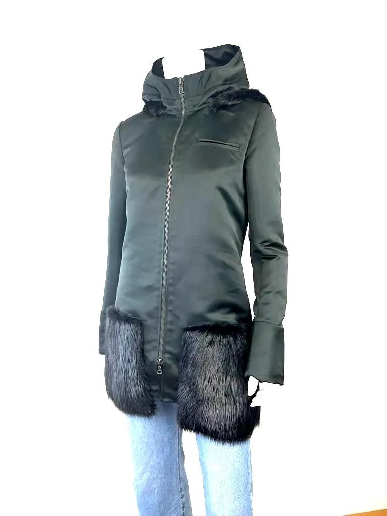 VERA WANG FUR TRIM HOODED COAT
