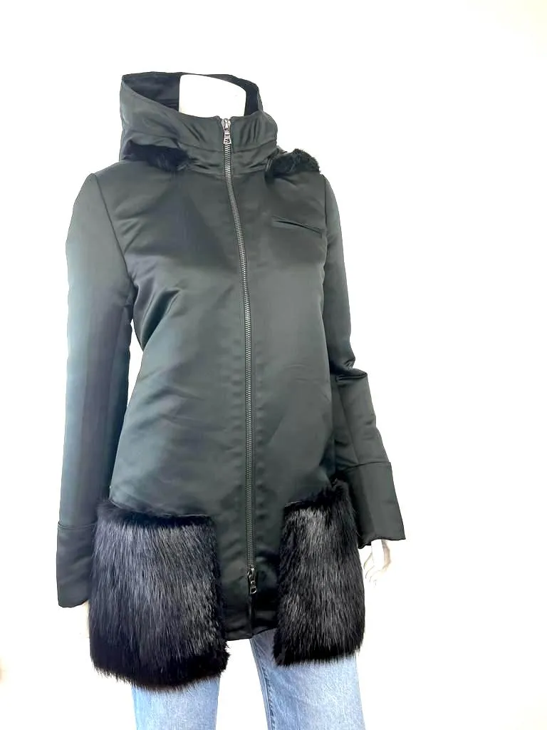 VERA WANG FUR TRIM HOODED COAT