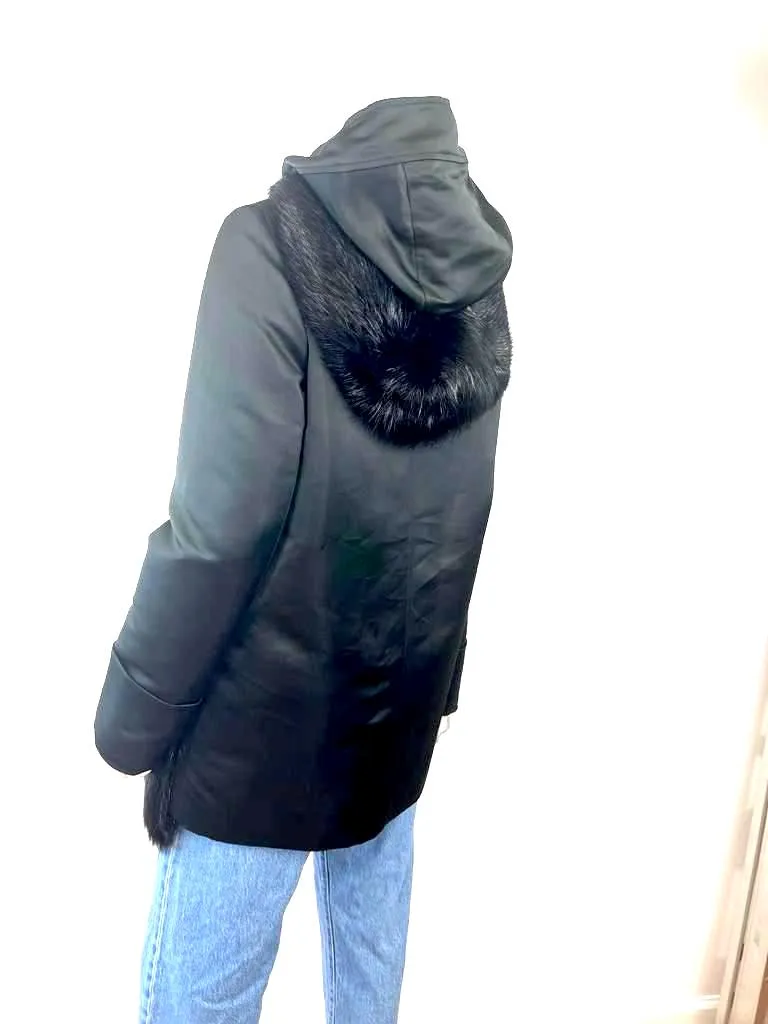 VERA WANG FUR TRIM HOODED COAT