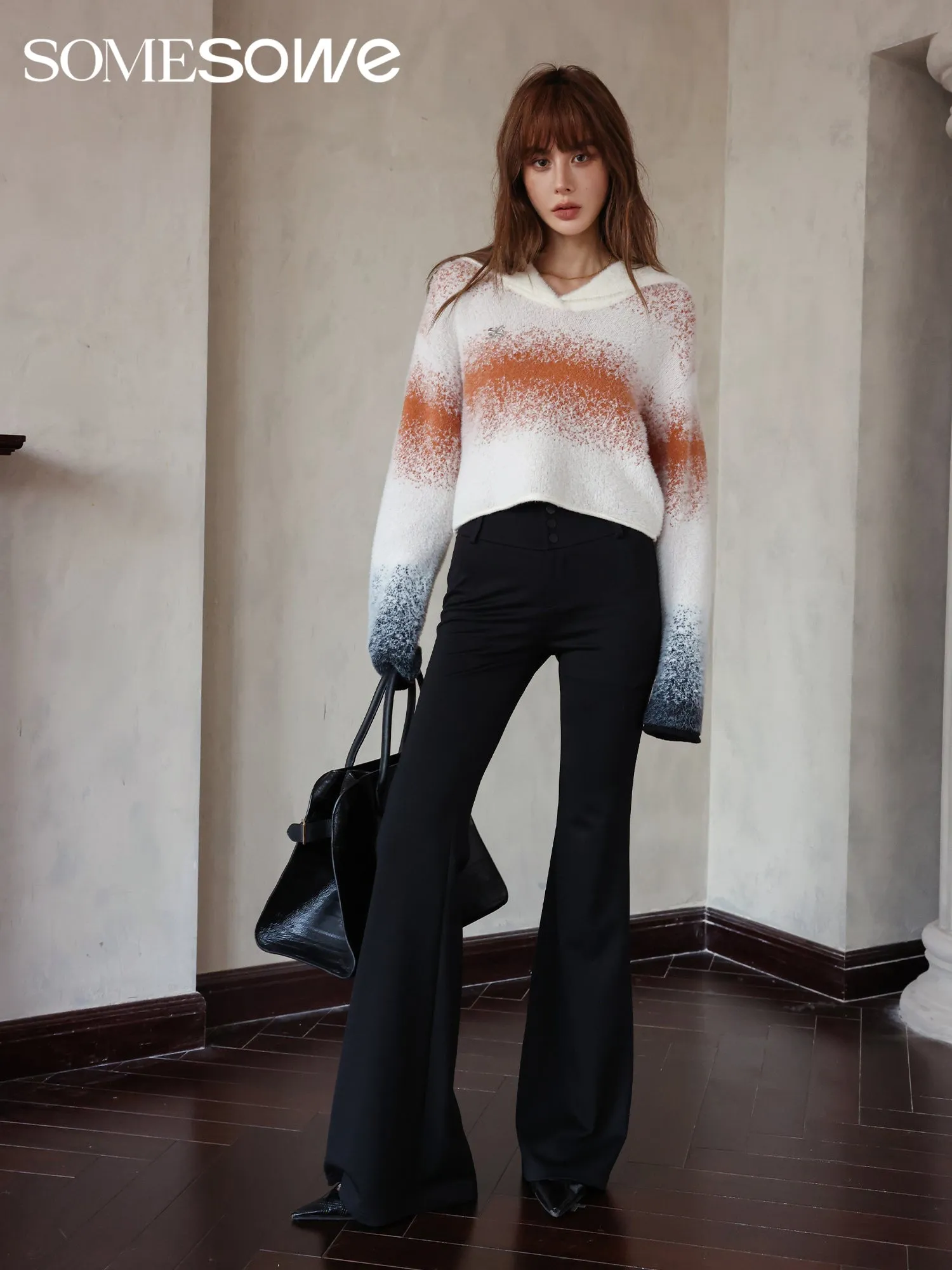 White Collar Color Fading Faux Fur Sweater