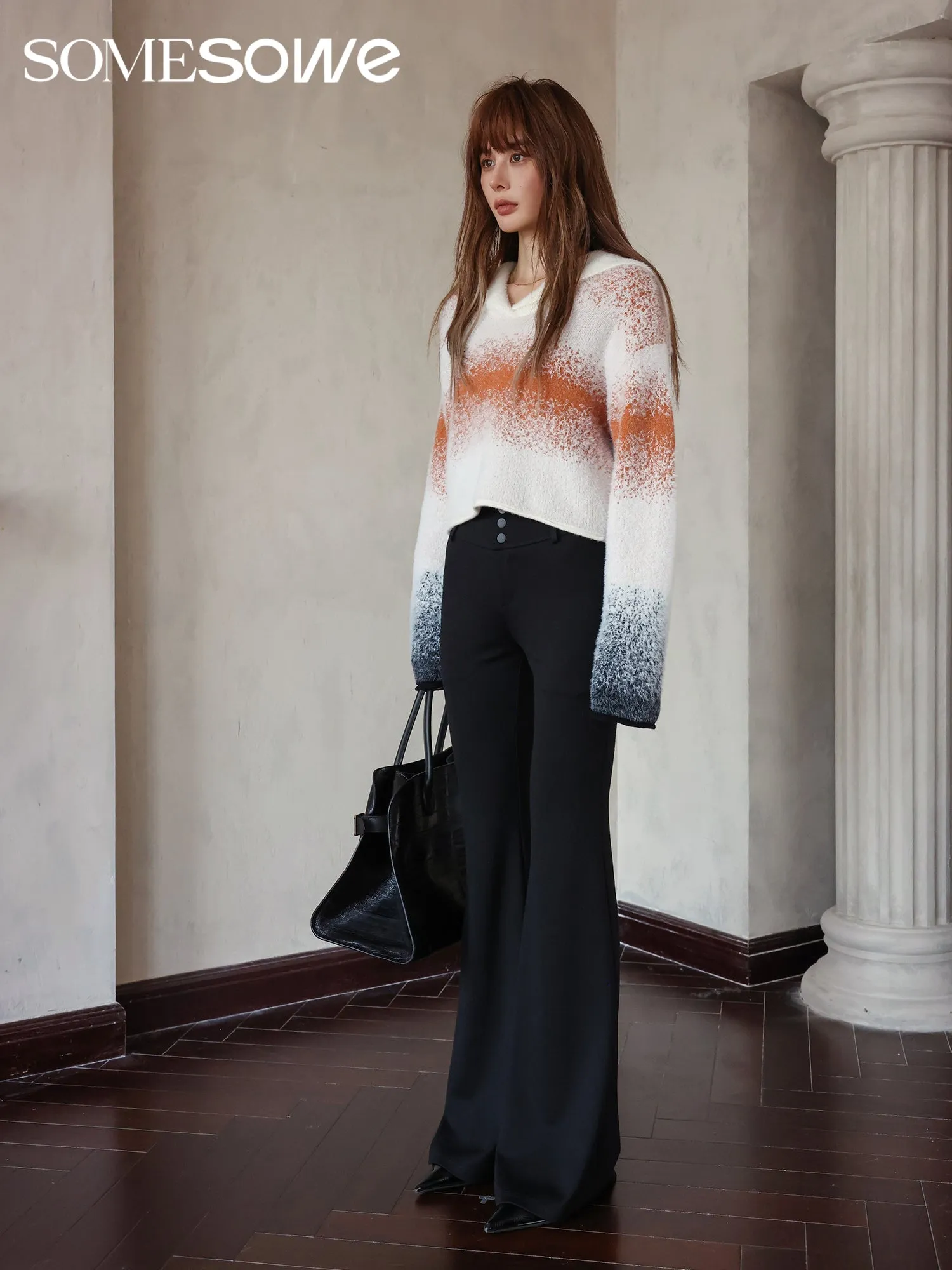 White Collar Color Fading Faux Fur Sweater