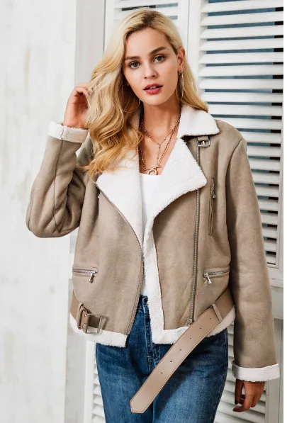 Women's Autumn Leather Suede Lamb Fur Jacket