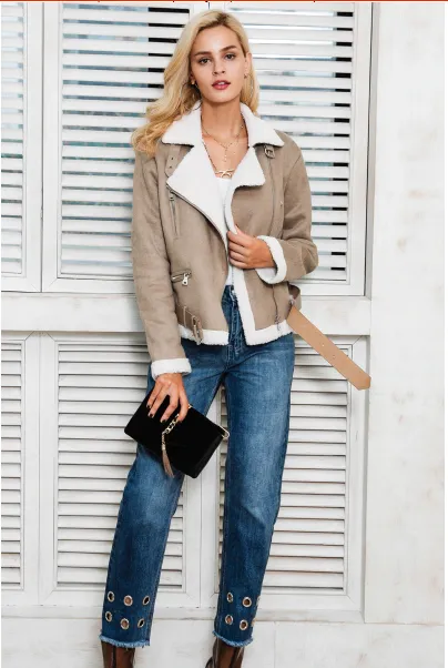 Women's Autumn Leather Suede Lamb Fur Jacket