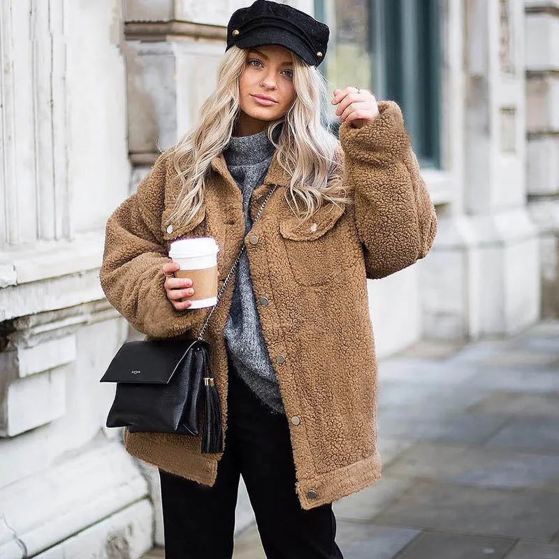 Women's Autumn/Winter Warm Loose Single-Breasted Faux Lamb's Fur Jacket