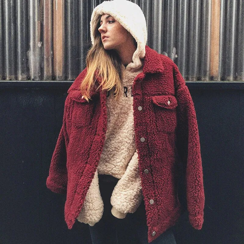 Women's Autumn/Winter Warm Loose Single-Breasted Faux Lamb's Fur Jacket