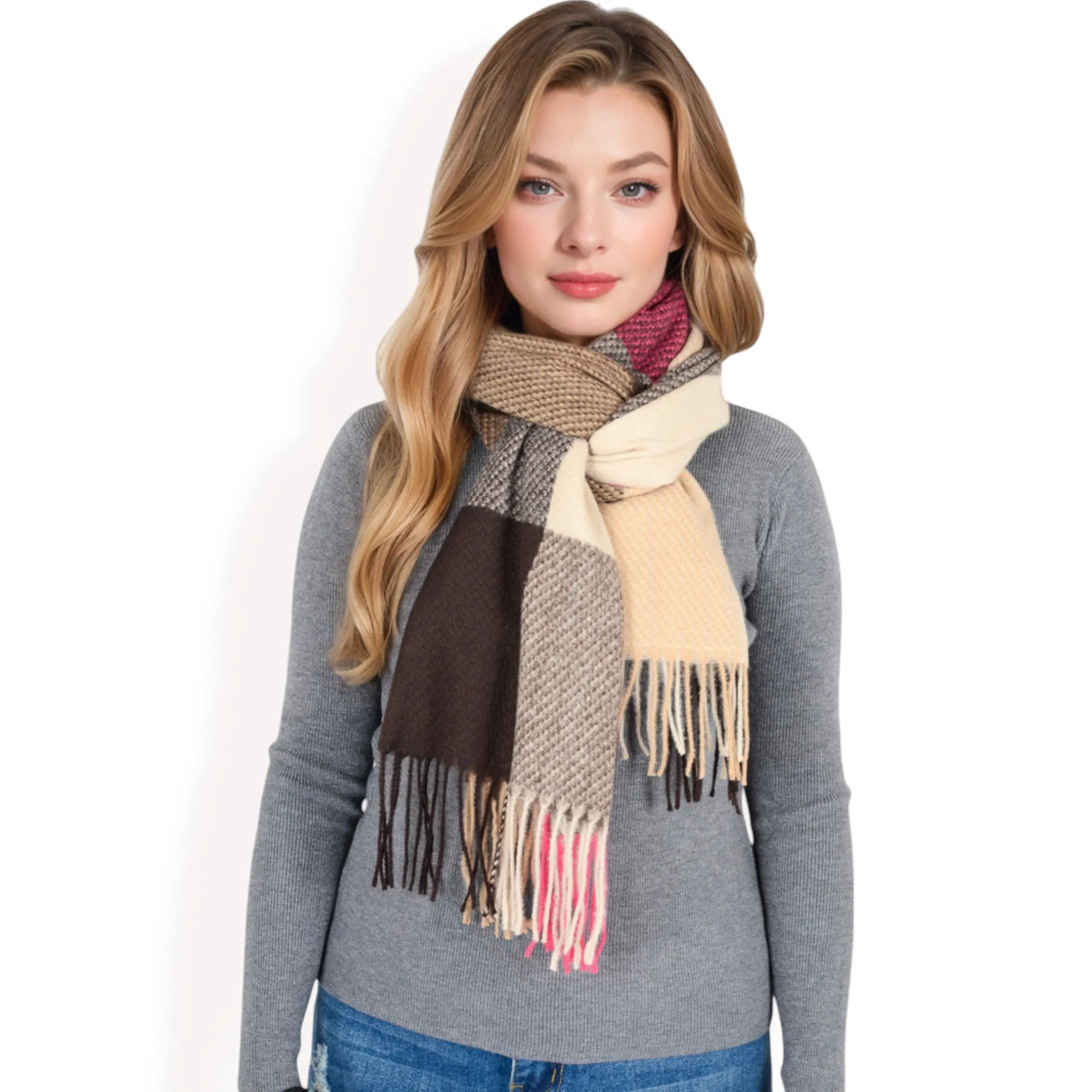 Women's Oversized Plaid Blanket Scarf with Fringe Trim and Soft Textured Fabric