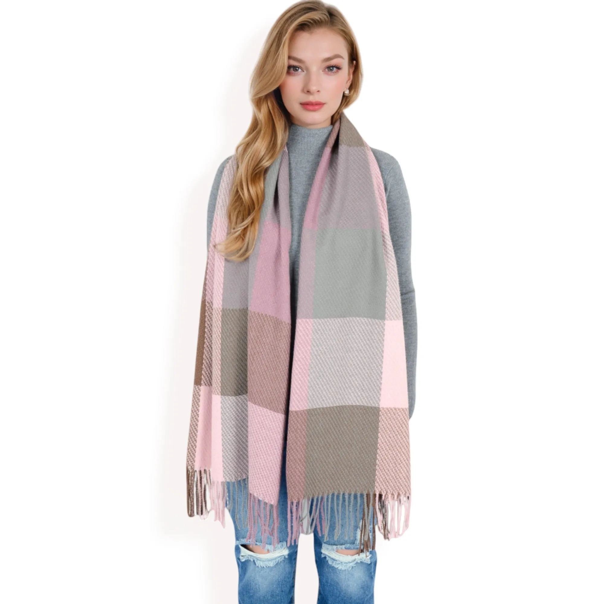 Women's Oversized Plaid Blanket Scarf with Fringe Trim and Soft Textured Fabric