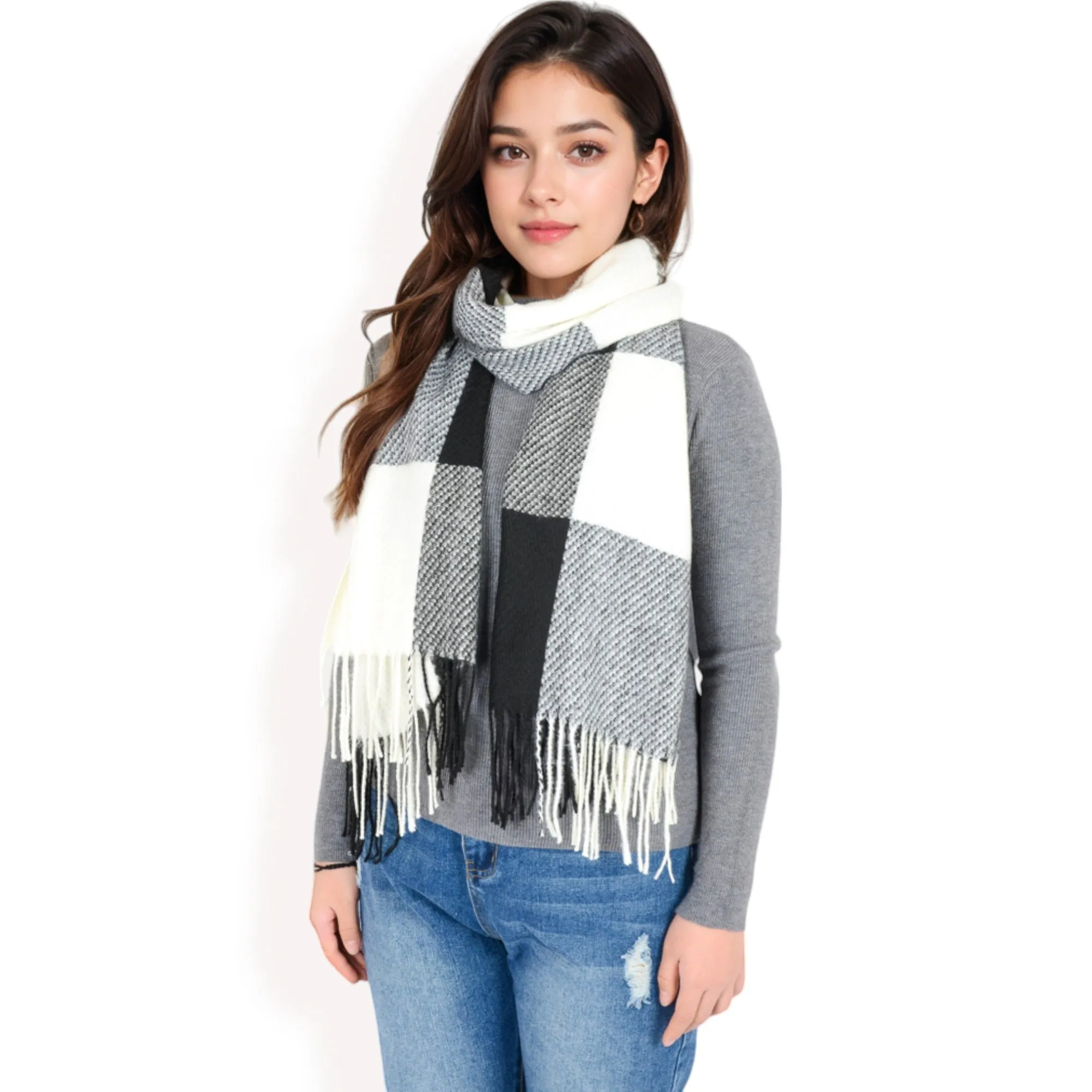 Women's Oversized Plaid Blanket Scarf with Fringe Trim and Soft Textured Fabric