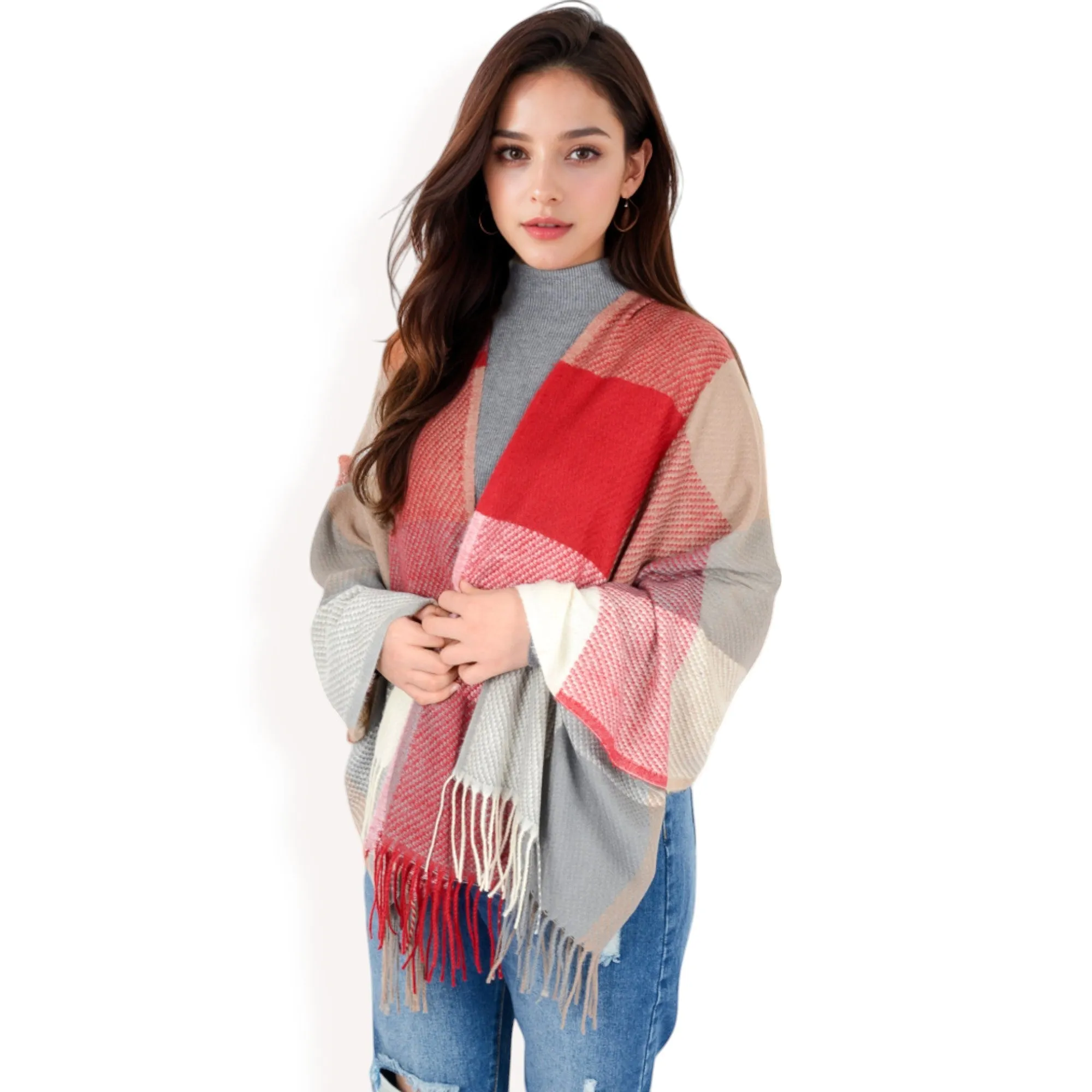 Women's Oversized Plaid Blanket Scarf with Fringe Trim and Soft Textured Fabric