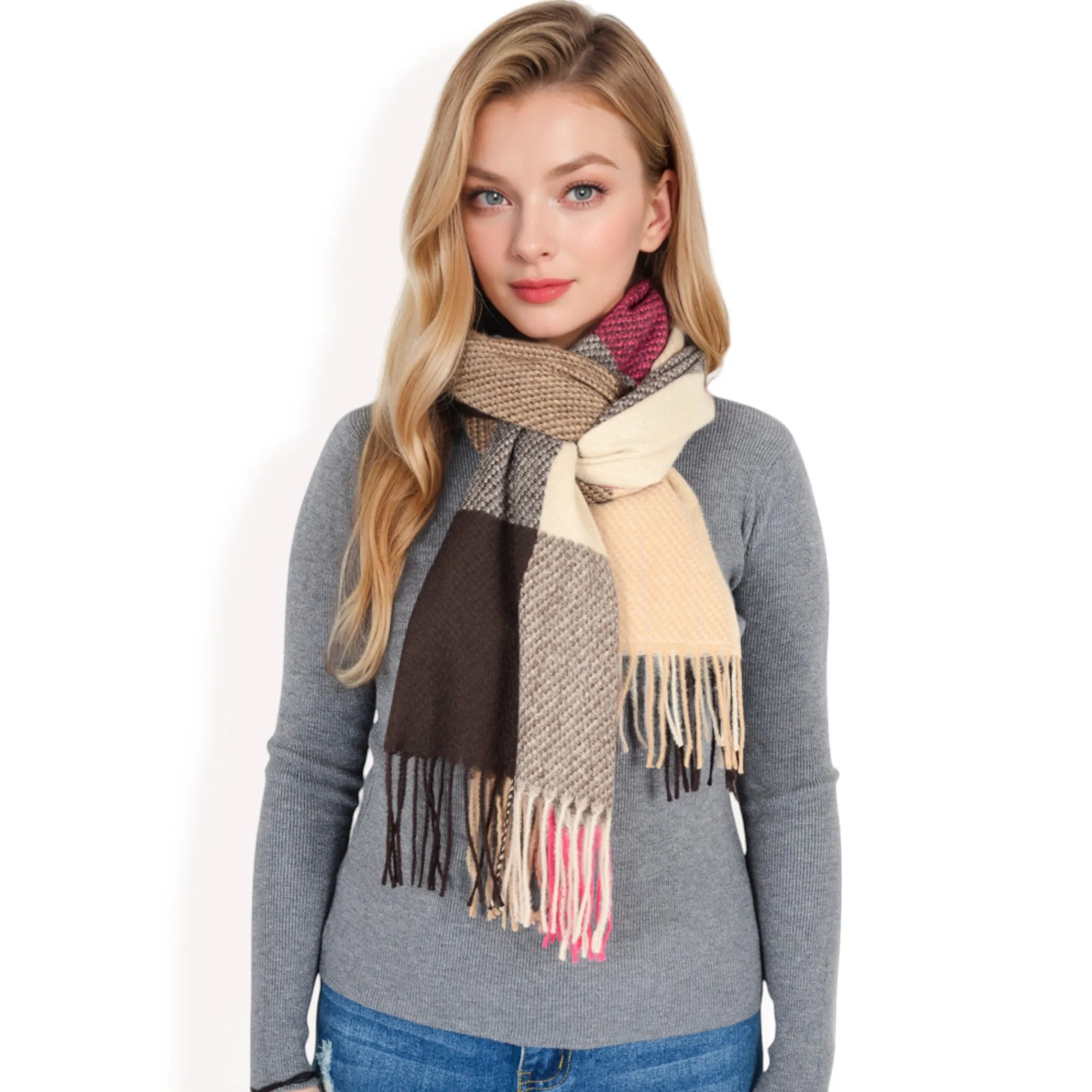 Women's Oversized Plaid Blanket Scarf with Fringe Trim and Soft Textured Fabric