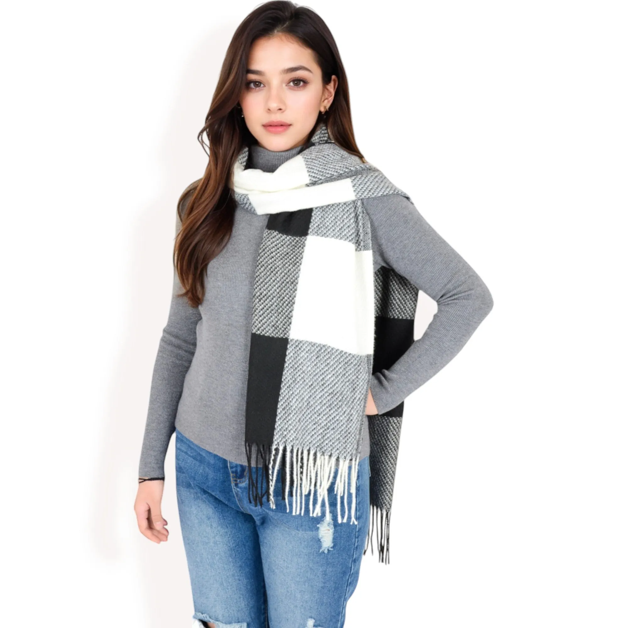 Women's Oversized Plaid Blanket Scarf with Fringe Trim and Soft Textured Fabric