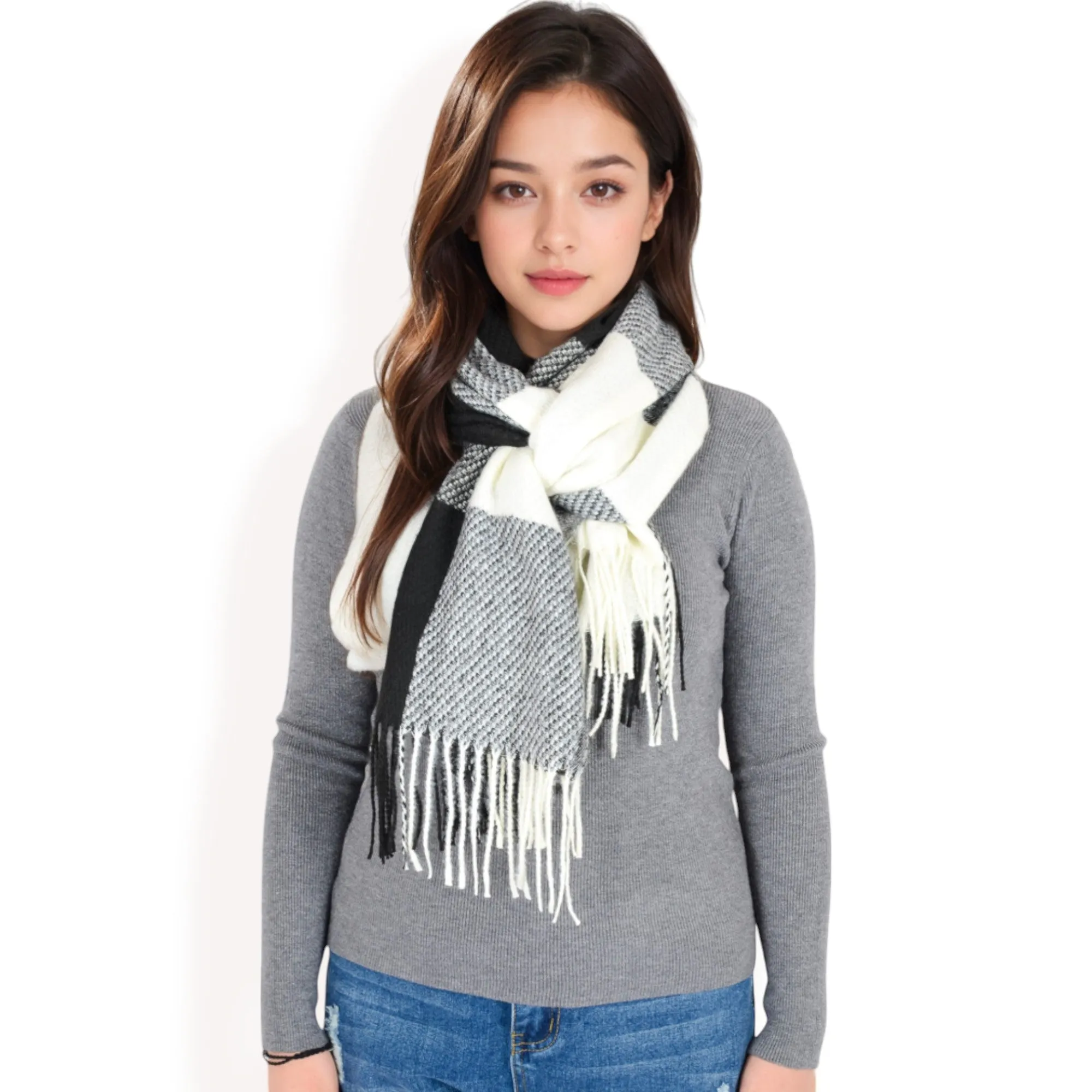 Women's Oversized Plaid Blanket Scarf with Fringe Trim and Soft Textured Fabric
