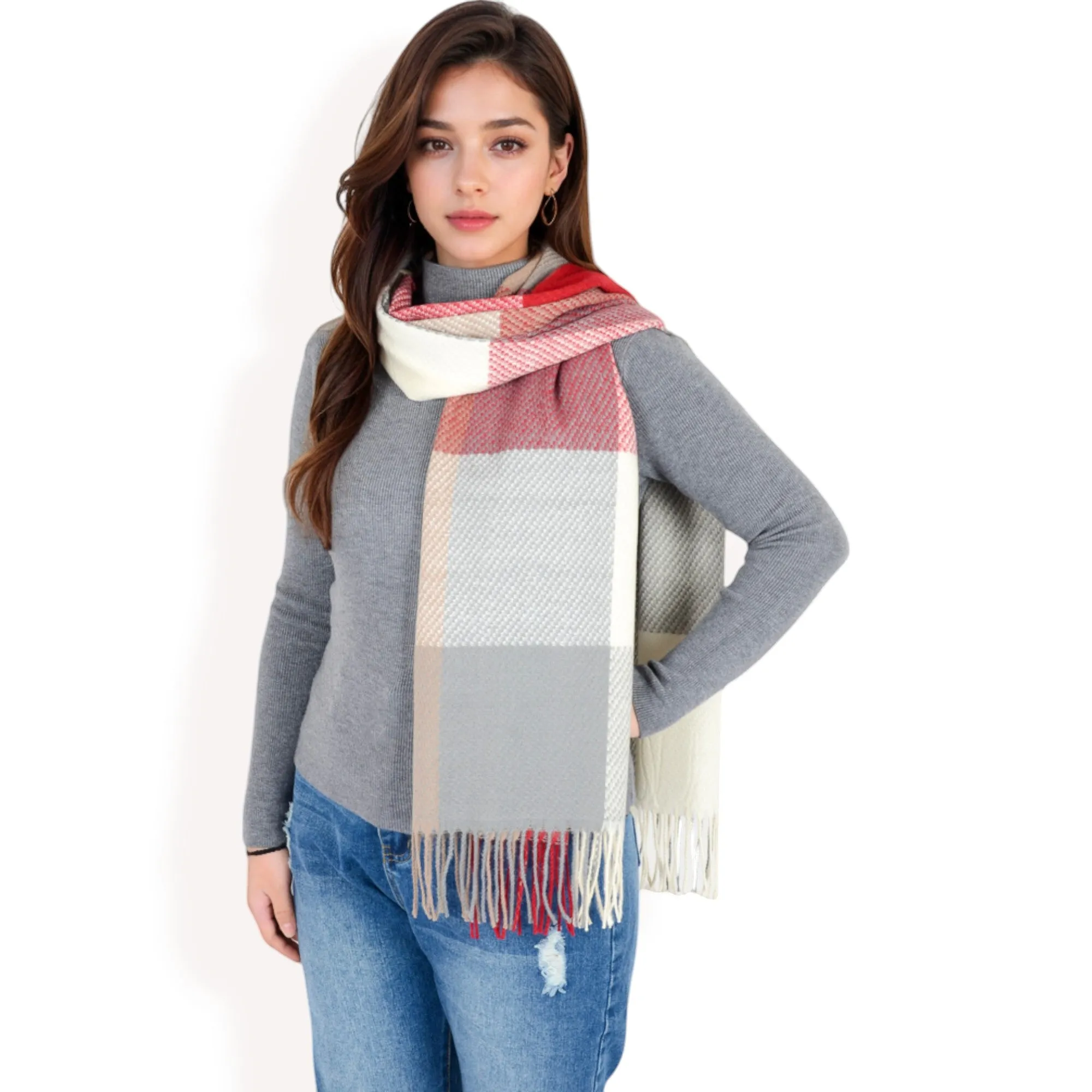 Women's Oversized Plaid Blanket Scarf with Fringe Trim and Soft Textured Fabric
