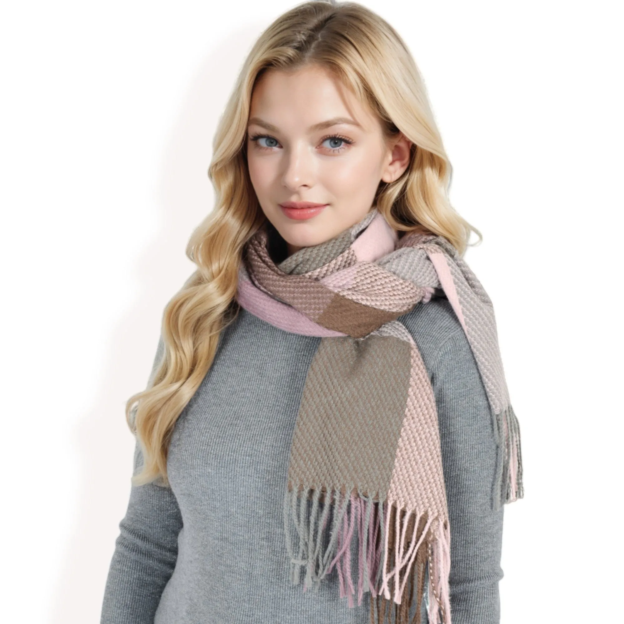 Women's Oversized Plaid Blanket Scarf with Fringe Trim and Soft Textured Fabric