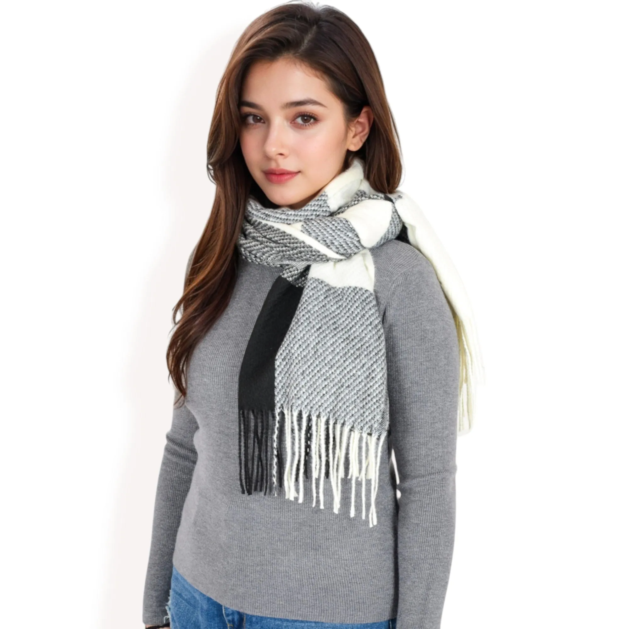 Women's Oversized Plaid Blanket Scarf with Fringe Trim and Soft Textured Fabric