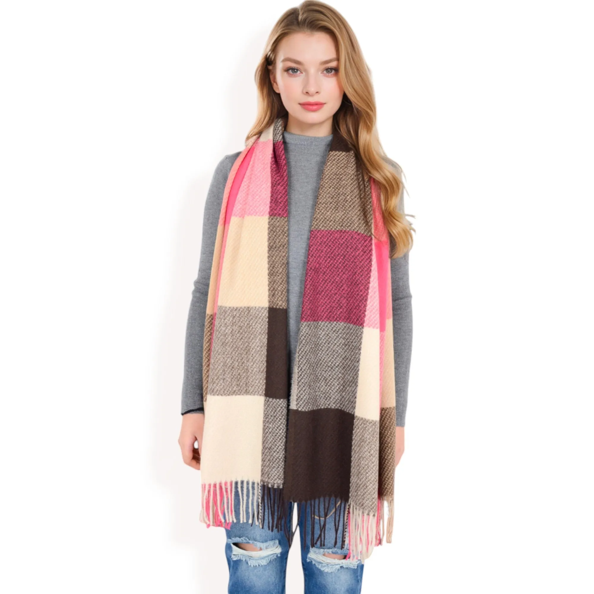 Women's Oversized Plaid Blanket Scarf with Fringe Trim and Soft Textured Fabric