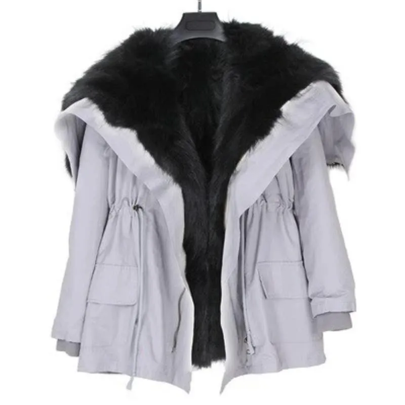Women's Winter Casual Bat-Sleeved Hooded Parka With Rabbit Fur