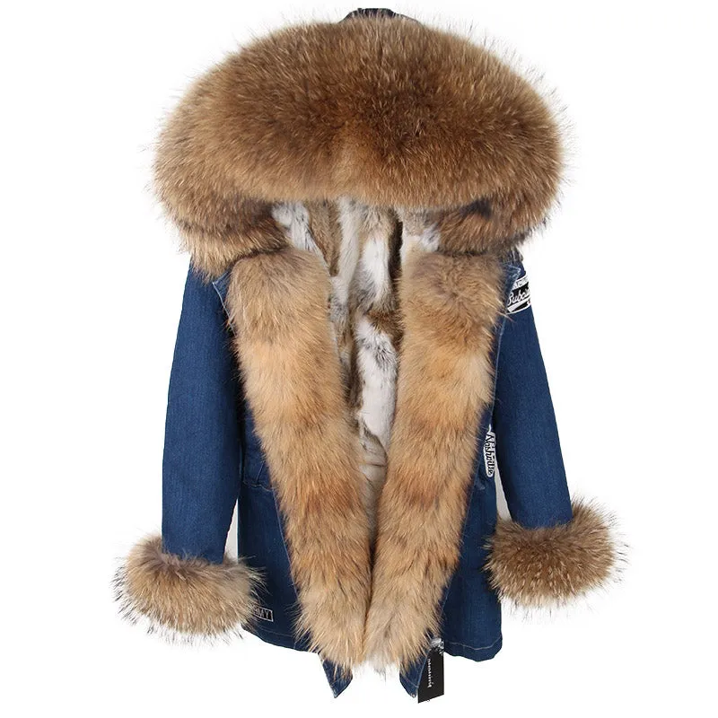 Women's Winter Casual Denim Thick Slim Parka With Raccoon Fur