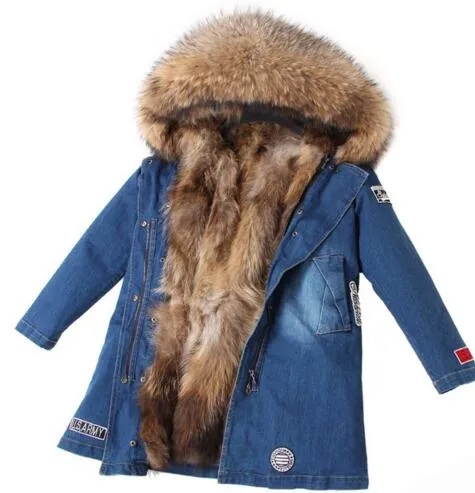 Women's Winter Casual Denim Thick Slim Parka With Raccoon Fur