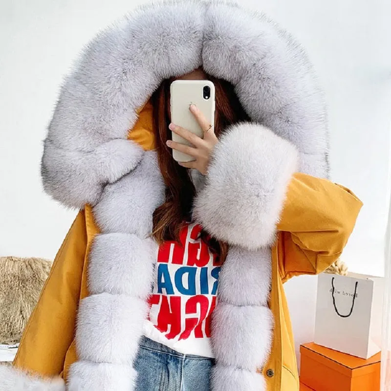 Women's Winter Casual Hooded Thick Long Parka With Rabbit Fur