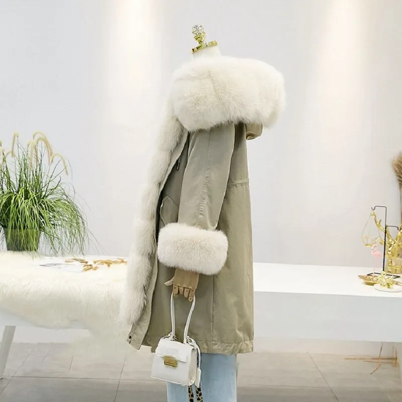 Women's Winter Casual Hooded Thick Long Parka With Rabbit Fur