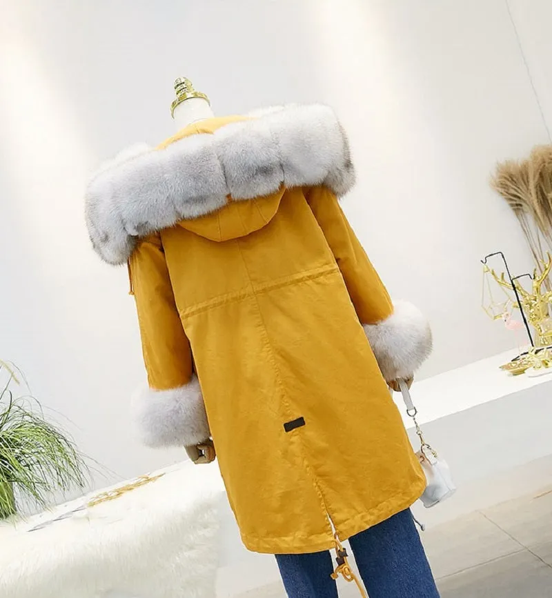 Women's Winter Casual Hooded Thick Long Parka With Rabbit Fur